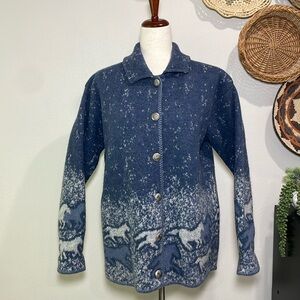 Women’s VTG Montana Woolen Shop USA Shacket Blue & White Horses 70s Size Medium